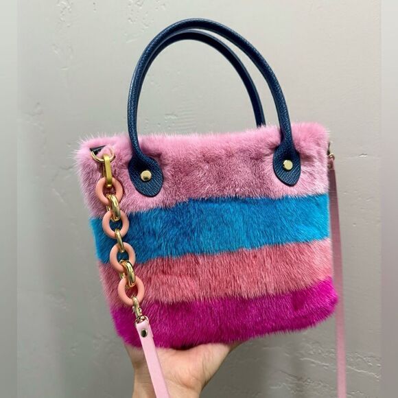 Colorful Striped Handmade Real Mink Fur Mini Tote/Crossbody & Pony Bag Charm - Picture 5 of 16